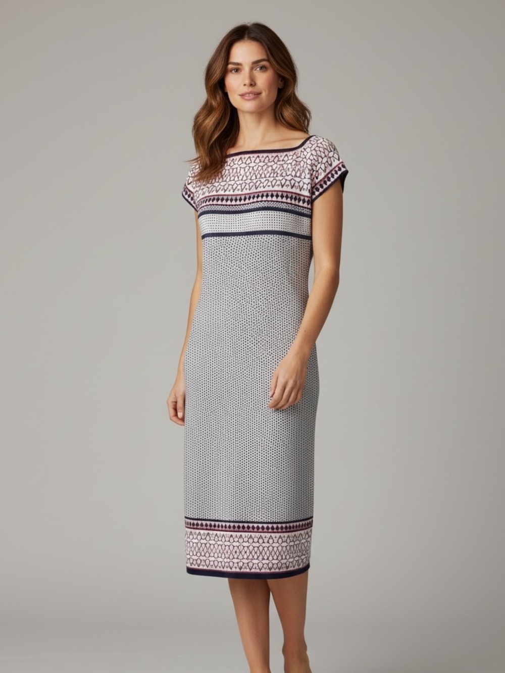Max Studio Cream Midi Dress with Navy and Blush Trim